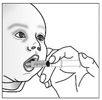 Place the tip of the syringe in your baby’s mouth along the  inner cheek - Illustration