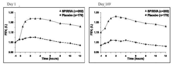 Mean FEV1 Over Time (prior to and after administration of study drug) on Days 1 and 169 for Trial A (a Six-Month Placebo-Controlled Study)* - Illustration